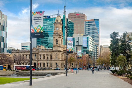 Adelaide, Australia - June 28, 2017: Victoria Square viewed from South to North with office buildings and traffic at morning timeのeditorial素材