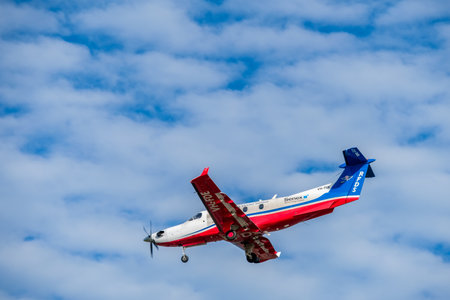 Adelaide, Australia - October 1, 2016: Pilatus PC-12 of Royal Flying Doctor Service aircraft, RFDS Central Operations with registration number VH-FDE landing at Adelaide airport.のeditorial素材
