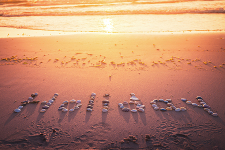Holiday text made of shells on sand at the beach. Beach holidays conceptの写真素材