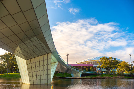 Adelaide, Australia - August 27, 2017: Iconic River Torrens Footbridge to Adelaide Oval viewed...