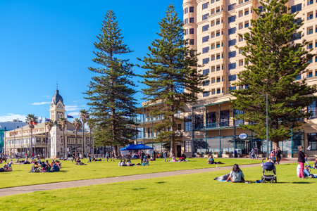 Adelaide, Australia - August 13, 2017: People sitting on green grass and enjoying warm winter day in Glenelgのeditorial素材
