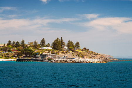 Penneshaw, South Australia - January 14, 2019: SeaLink Ferry Terminal with pier viewed from ferry arriving at Kangaroo Island on a summer dayのeditorial素材