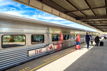 Adelaide Parklands Terminal, South Australia - August 4, 2019: The Ghan train ready to depart for its 90th anniversary special service from Adelaide to Darwin through Alice Springsのeditorial素材