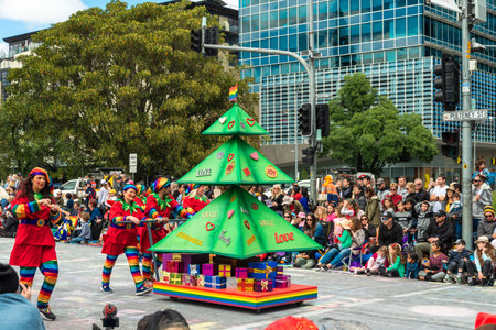 Adelaide, Australia - November 9, 2019: National Pharmacies Christmas Pageant 2019 traditional event in Adelaide CBD. It is the biggest Christmas parade in the world.のeditorial素材