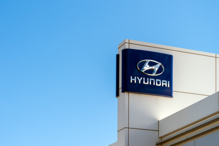 Adelaide, Australia - September 8, 2018: Photo of Hyundai Automotive logo on official dealer building against clean blue sky on a bright dayのeditorial素材