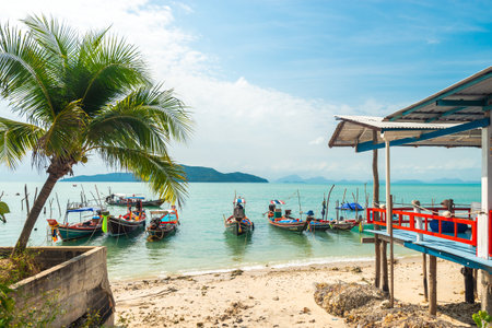 Koh Samui, Thailand - January 2, 2020: Authentic Thai fishing boats docked at Thong Krut beach in Taling Ngam on a dayのeditorial素材