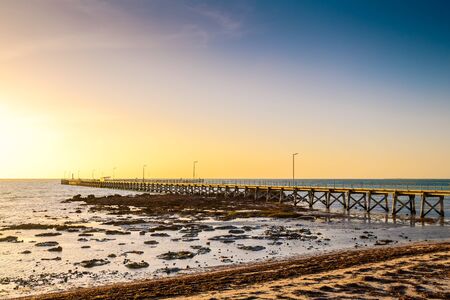 Moonta Bay foreshore with jetty at sunset, Yorke Peninsula,  South Australiaの写真素材