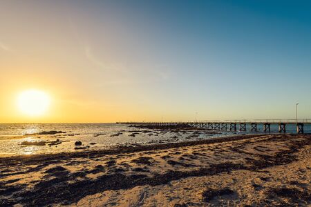 Moonta Bay foreshore with jetty at sunset, Yorke Peninsula,  South Australiaの写真素材