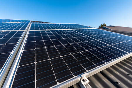 New solar panels installed on house roof in South Australiaの写真素材