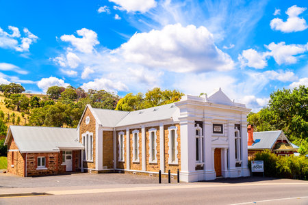 Adelaide Hills, South Australia - February 9, 2020: Clarendon Methodist Church viewed from Grants Gully road on a bright summer dayのeditorial素材