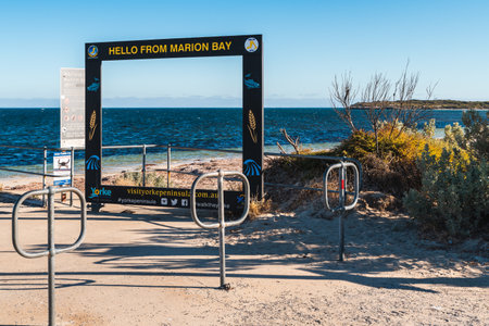 Yorke Peninsula, South Australia - January 18, 2020: Iconic Marion Bay Instagram photo frame next to the jetty at sunsetのeditorial素材