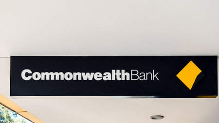 Adelaide, South Australia - August 17, 2019: Commonwealth Bank branch logo sign above the entrance near Unley shopping centerのeditorial素材