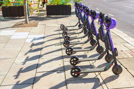 Adelaide, South Australia - August 13, 2019: Beam E-scooters parked near Victoria Square and ready...