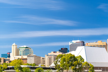 Adelaide, South Australia - February 23, 2020: Adelaide city skyline viewed across Elder Park on a bright dayのeditorial素材