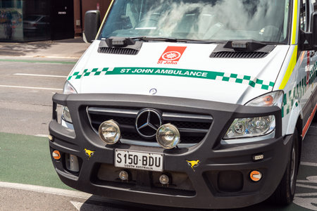 Adelaide, Australia - November 9, 2019: St John Ambulance car blocking the street in the city centre...