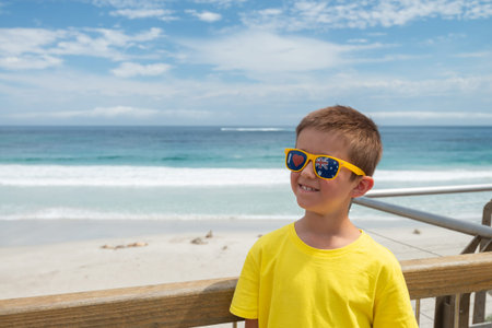 Cute boy enjoyng the views of Seal Bay on Australia Day, Kangaroo Island, South Australia