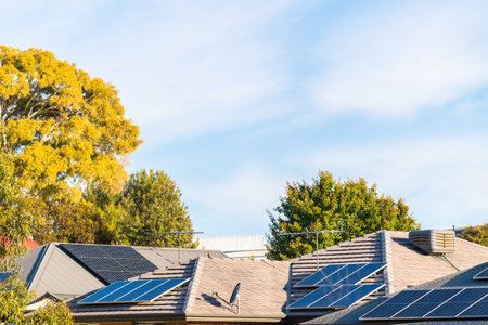 House roofs with solar panels installed in suburban area, South Australia