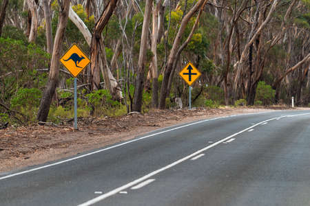 Kangaroo warning sign by the country road on a day, Kangaroo Island, South Australiaの写真素材