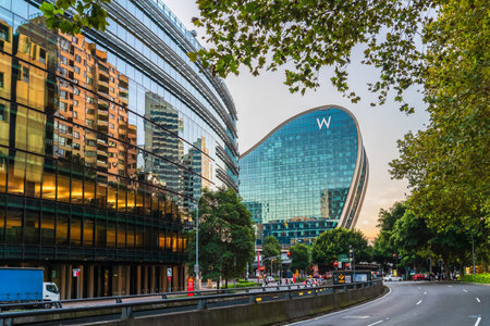Sydney, Australia - April 16, 2022: Newly constructed Marriottâs W Sydney hotel viewed towards Darling Harbour from Harbour Street at duskのeditorial素材