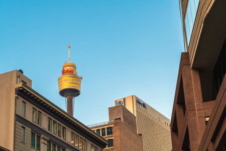Sydney, Australia - April 16, 2022: Iconic Sydney Tower Eye looking up from the ground at dusk. Sydney Tower is the second tallest observation tower in the Southern Hemisphere.のeditorial素材