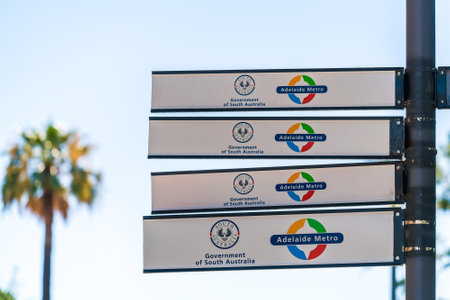 Adelaide, South Australia - February 23, 2020: Adelaide Metro signs installed in the city center while viewed towards King William street on a dayのeditorial素材
