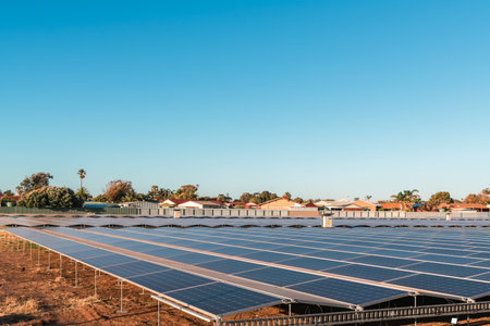 New solar panel farm under construction in suburban area of South Australiaの写真素材
