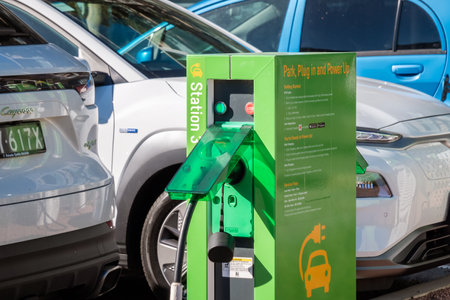 Adelaide CBD, Australia - August 23, 2019: EV Charger charging station in Adelaide city centre on Franklin Street on a dayのeditorial素材