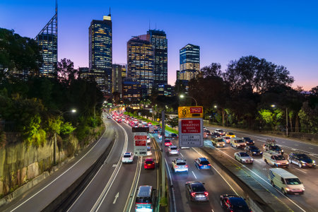 Sydney, Australia - April 20, 2022: Cahill Expressway with cars in traffic during peak hour at dusk. It is an urban freeway in Sydney and was the first freeway constructed in Australiaのeditorial素材