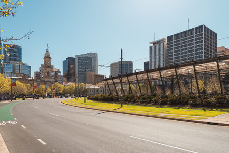 Adelaide, Australia - September 27, 2019: Adelaide city buildings viewed across Victoria Square on a bright dayのeditorial素材