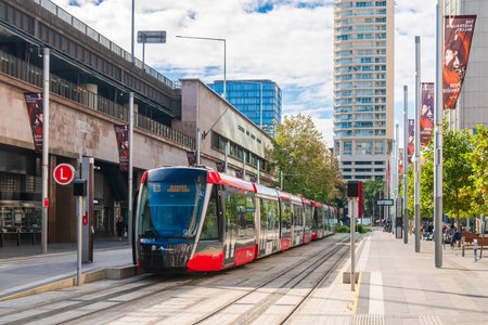 Sydney, NSW, Australia - April 17, 2022: Sydney city L3 light rail tram terminated at Circular Quay...
