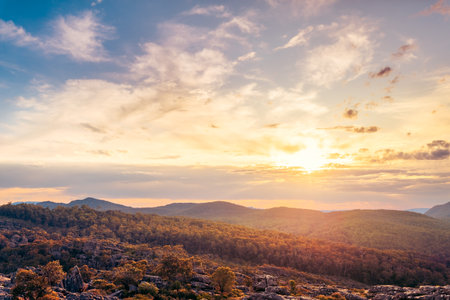 The iconic Pinnacle lookout with stunning Grampians National Park mountains view at sunset time, Halls Gap, Victoria, Australiaの写真素材