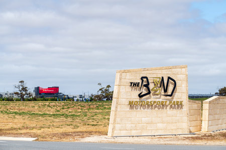 Tailem Bend, South Australia - October 13, 2023: The Bend Shell V-Power Motorsport Park main entrance sign on a bright day viewed from the highwayのeditorial素材