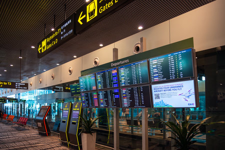 Changi Airport, Singapore - January 24, 2020: Real photo of departures board in Singapore airport  viewed from the main corridorのeditorial素材
