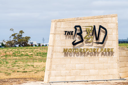 Tailem Bend, South Australia - October 13, 2023: The Bend Shell V-Power Motorsport Park main entrance sign on a bright day viewed from the highwayのeditorial素材