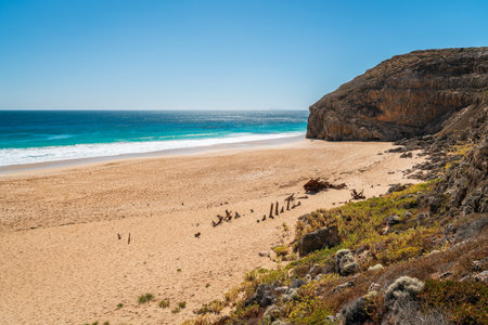 Ethel Wreck Beach viewed from the lookout on a bright day, South Australiaの写真素材