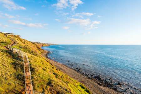 Hallett Cove to Marion Walking Trail along the coast with sea views at sunset, South Australiaの写真素材