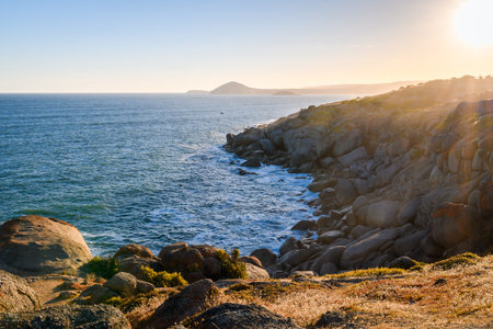 Encounter Bay viewed from Granite Island at sunset, South Australiaの写真素材