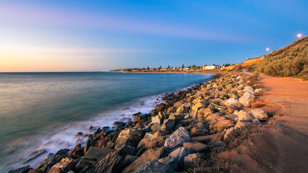 Christies Beach coastline with Witton Bluff trail at dusk while viewed towards the Esplanadeの写真素材
