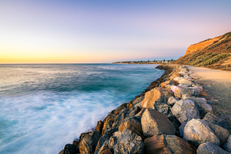 Christies Beach coastline with Witton Bluff trail at sunset while viewed towards the Esplanadeの写真素材