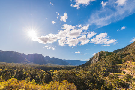 Grampians National Park viewed towards Halls Gap from Lake Bellfield lookout on a bright day, Victoria, Australiaの写真素材