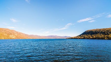 Lake Bellfield on a bright day at Eastern Grampians near Halls Gap, Grampians National Park, Victoria, Australiaの写真素材