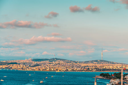 Asian part of Istanbul viewed from the Suleymaniye Mosque lookout at sunset timeの写真素材