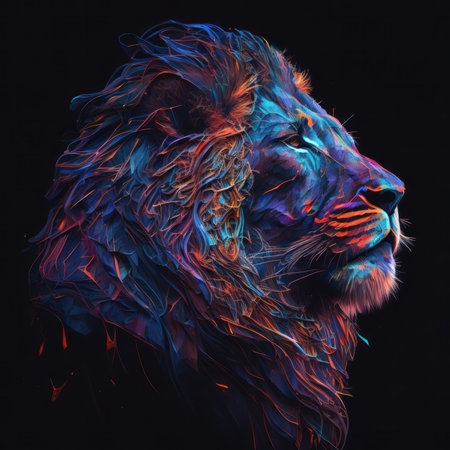 Lion head in blue and red colors on a black background.の素材