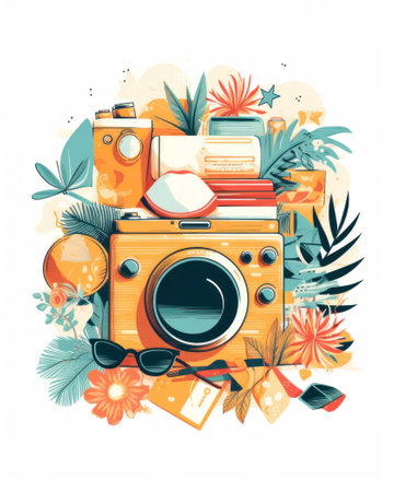 summer travel trendy stickers. Cool vector design. Abstract retro badgesの素材
