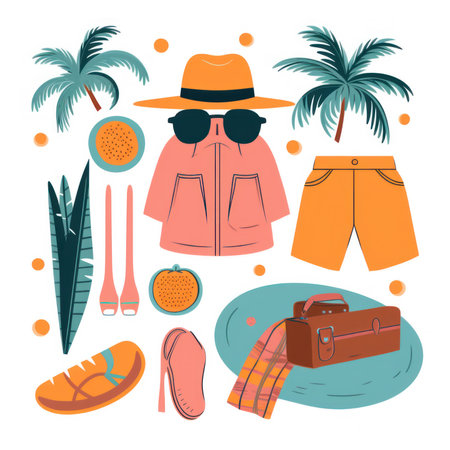 summer travel trendy stickers. Cool vector design. Abstract retro badgesの素材