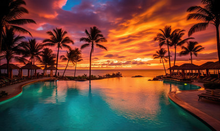 beautiful jungle beach lagoon view  palm trees and tropical leaves,の素材