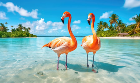 beautiful jungle beach lagoon view  palm trees and tropical leaves,の素材