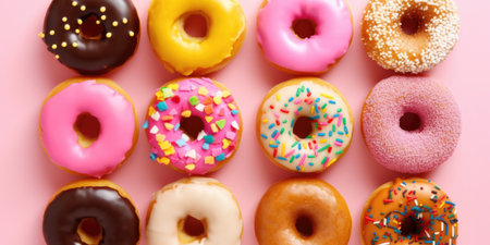 Top view of assorted donuts on blue concrete background with copy space. Colorful donuts background. Various glazed doughnuts with sprinklesの素材