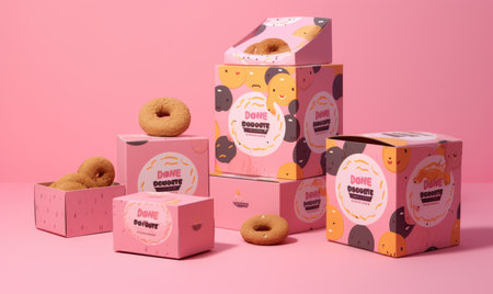 Donut in pizza box near cup with beverage and alarm clock. Fast food concept.の素材