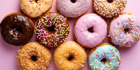 Top view of assorted donuts on blue concrete background with copy space. Colorful donuts background. Various glazed doughnuts with sprinklesの素材